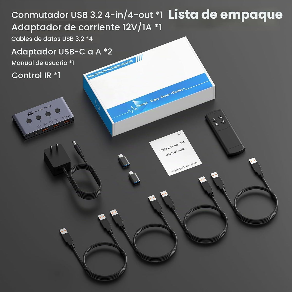 Selector de conmutador USB 3.2 4 computadoras comparten 4 dispositivos USB 10Gbps Interruptor de uso compartido USB de alta velocidad con 1 USB-C y 3 puertos USB-A, conmutador de teclado y mouse para