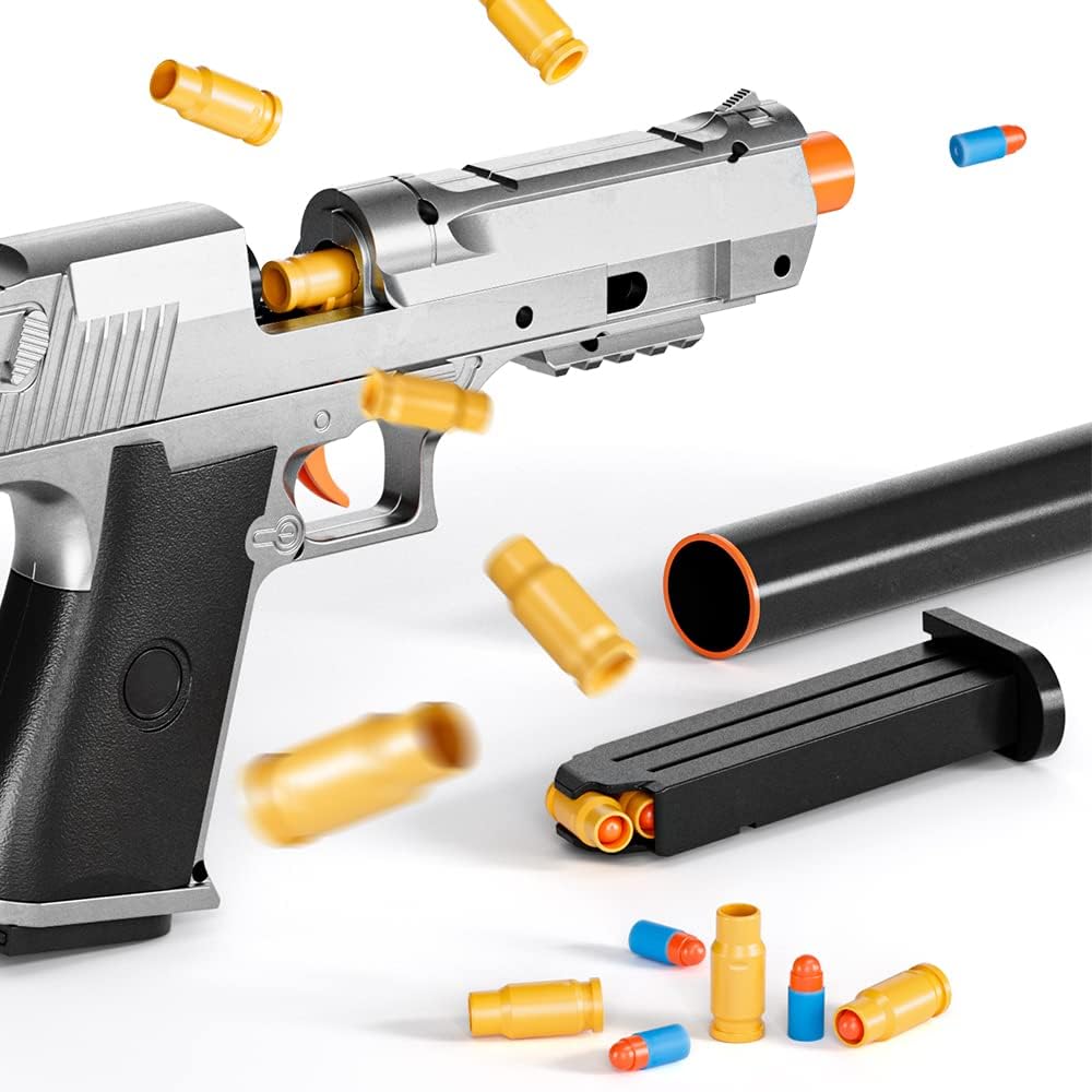 Paquete de 2 lanzadores de juguete de eyección de espuma EVA M1911, disparos con dardos de espuma, juegos de disparos, diversión en el patio trasero y juegos al aire libre, modelo de juguete educativo