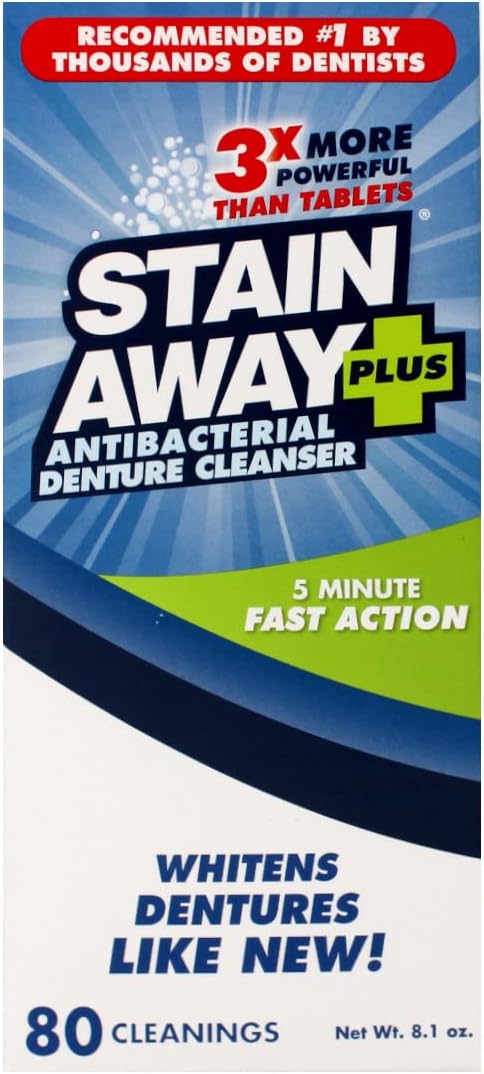 Stain Away Plus Limpiador antibacteriano para dentaduras, 3 veces m...