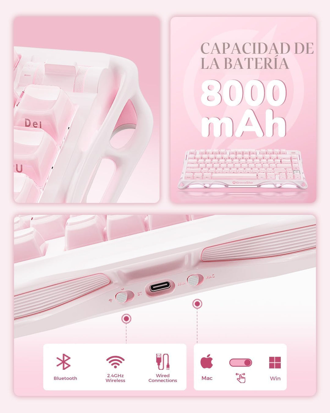 GravaStar Mercury K1 75% Rosa Teclado Inalámbrico, Diseño de Exoesq...