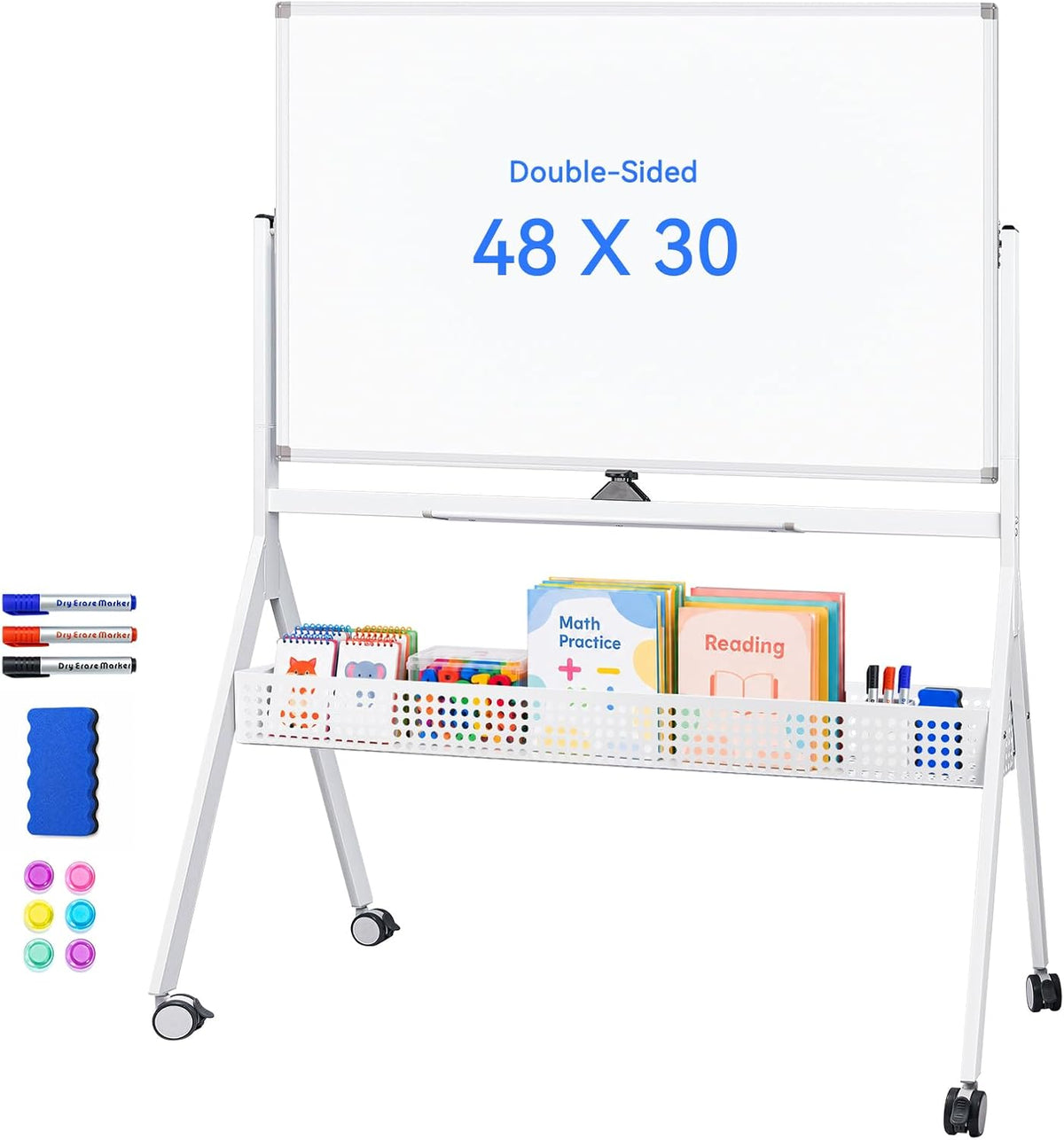 maxtek Pizarra blanca rodante con cesta de almacenamiento, 48 x 30 pulgadas