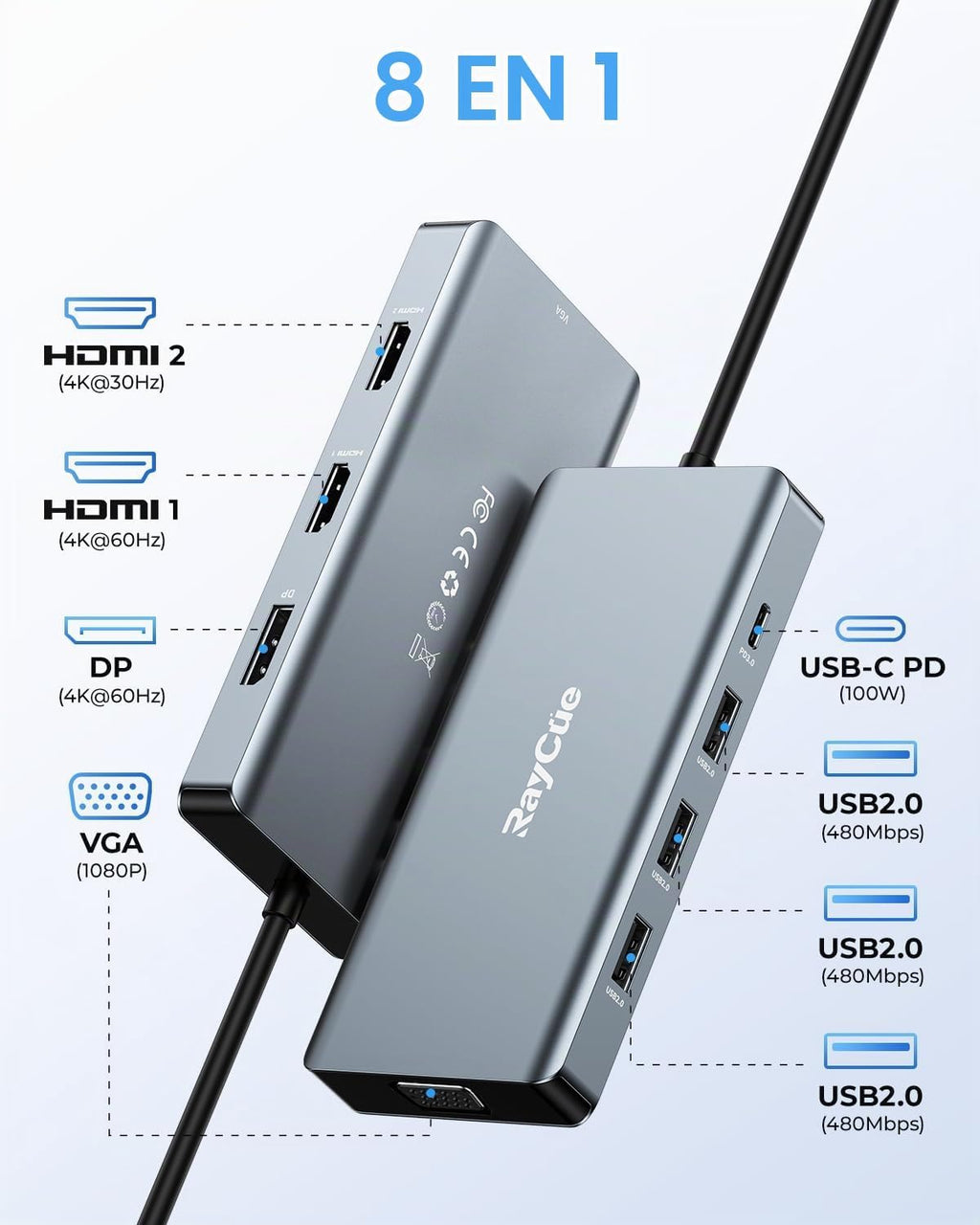Estación de acoplamiento USB C Adaptador de monitor dual, estación de acoplamiento para portátil 8 en 1, 3 monitores Pantalla cuádruple USB C Hub Dongle a 4K HDMI+DP+VGA