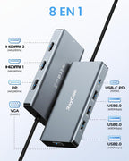 Estación de acoplamiento USB C Adaptador de monitor dual, estación de acoplamiento para portátil 8 en 1, 3 monitores Pantalla cuádruple USB C Hub Dongle a 4K HDMI+DP+VGA