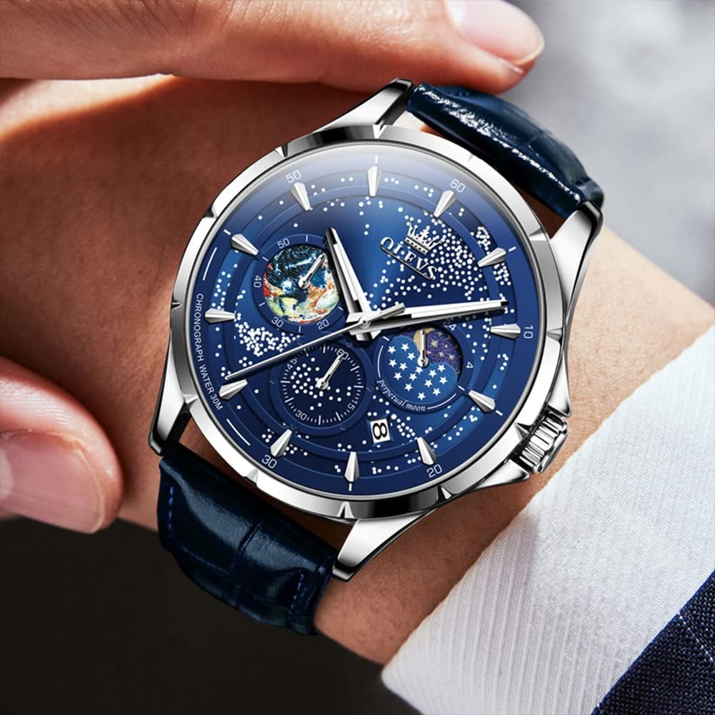 Reloj para Hombre OLEVS Esfera Cielo Estrellado Fase Lunar Lujo Negocios Analógico Cuarzo Clásico Casual Fecha Resistente al Agua Luminoso