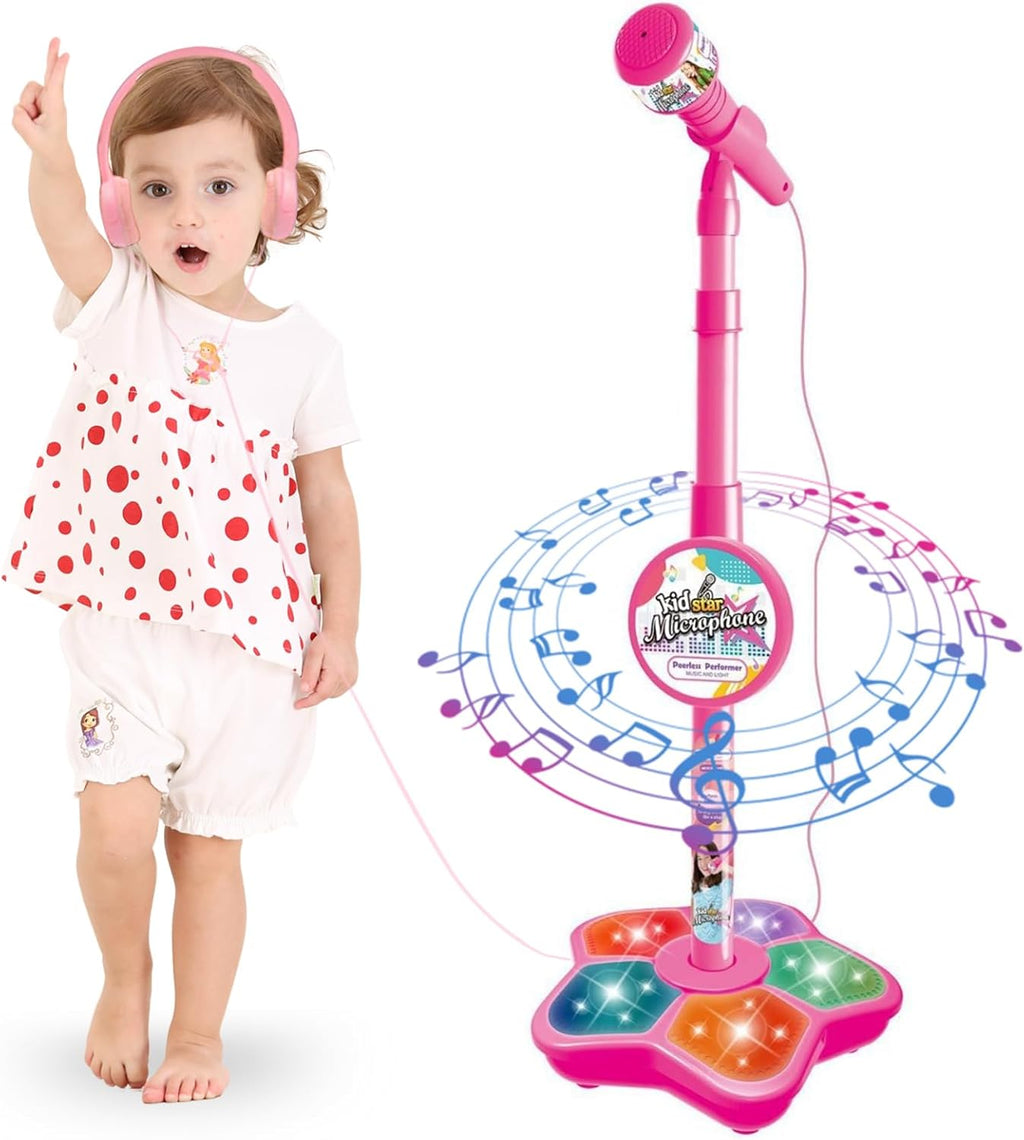Lámpara Micrófono de karaoke para niños con soporte ajustable, micrófono de pie para cantar portátil, auriculares retráctiles para cantar música, base de luz intermitente para niños y niñas de 3 a 6 años (rosa)