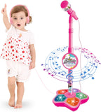 Lámpara Micrófono de karaoke para niños con soporte ajustable, micrófono de pie para cantar portátil, auriculares retráctiles para cantar música, base de luz intermitente para niños y niñas de 3 a 6 años (rosa)