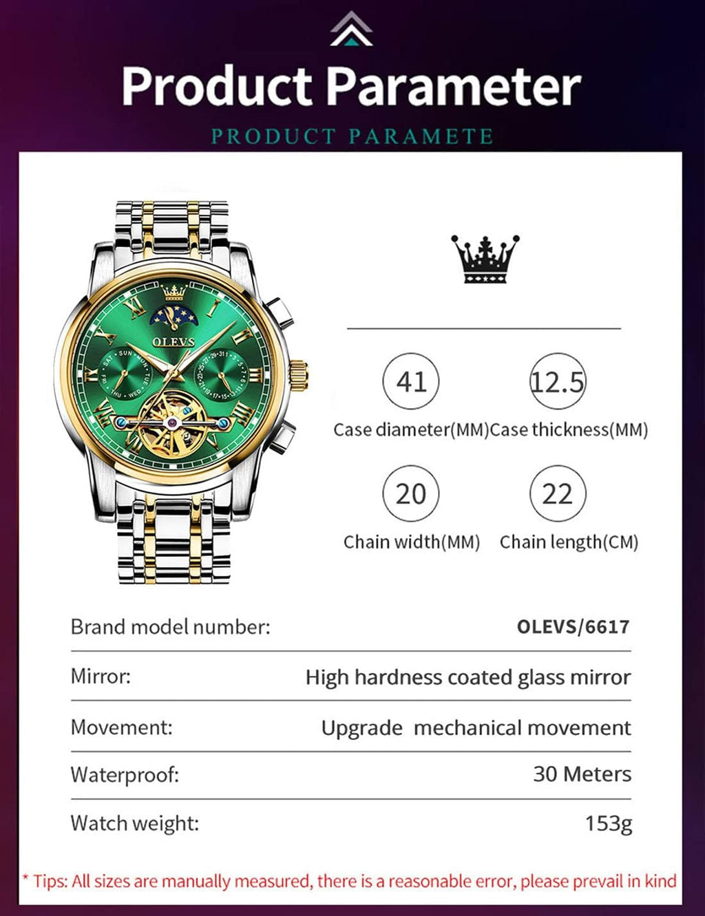 OLEVS Relojes automáticos de cuerda automática para hombre, calendario de fecha, día de día, reloj de acero inoxidable, movimiento de esqueleto, Tourbillon, sin batería, relojes impermeables para hombre, Un reloj verde, redondo, Reloj de esqueleto