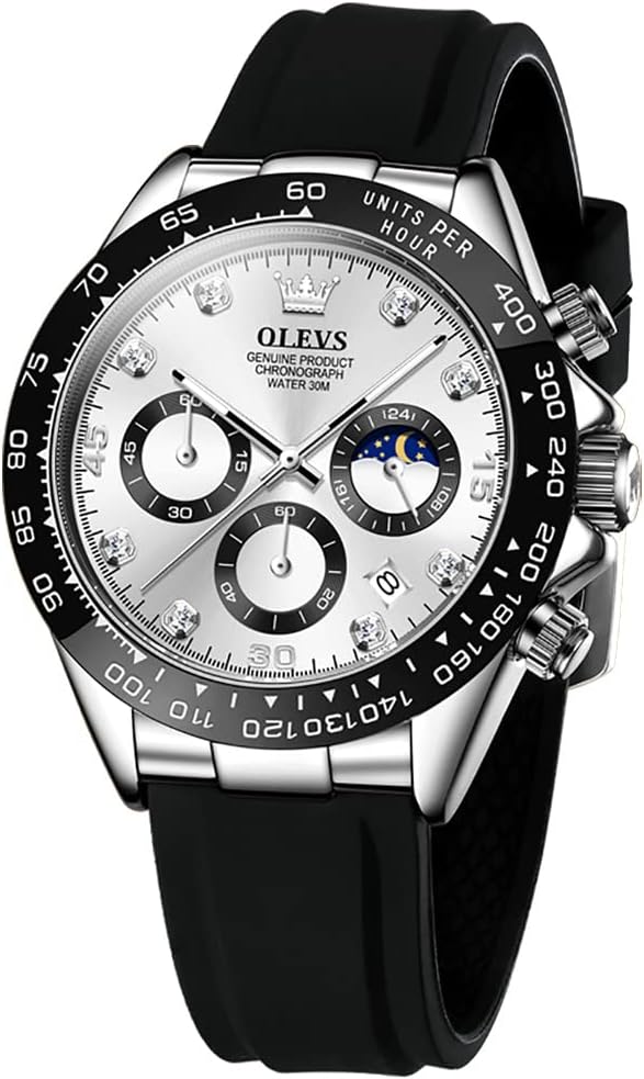 OLEVS Relojes de pulsera analógicos de cuarzo para hombre, cronógrafo, multifunción, fase lunar, fase luminosa, banda de silicona, relojes de pulsera