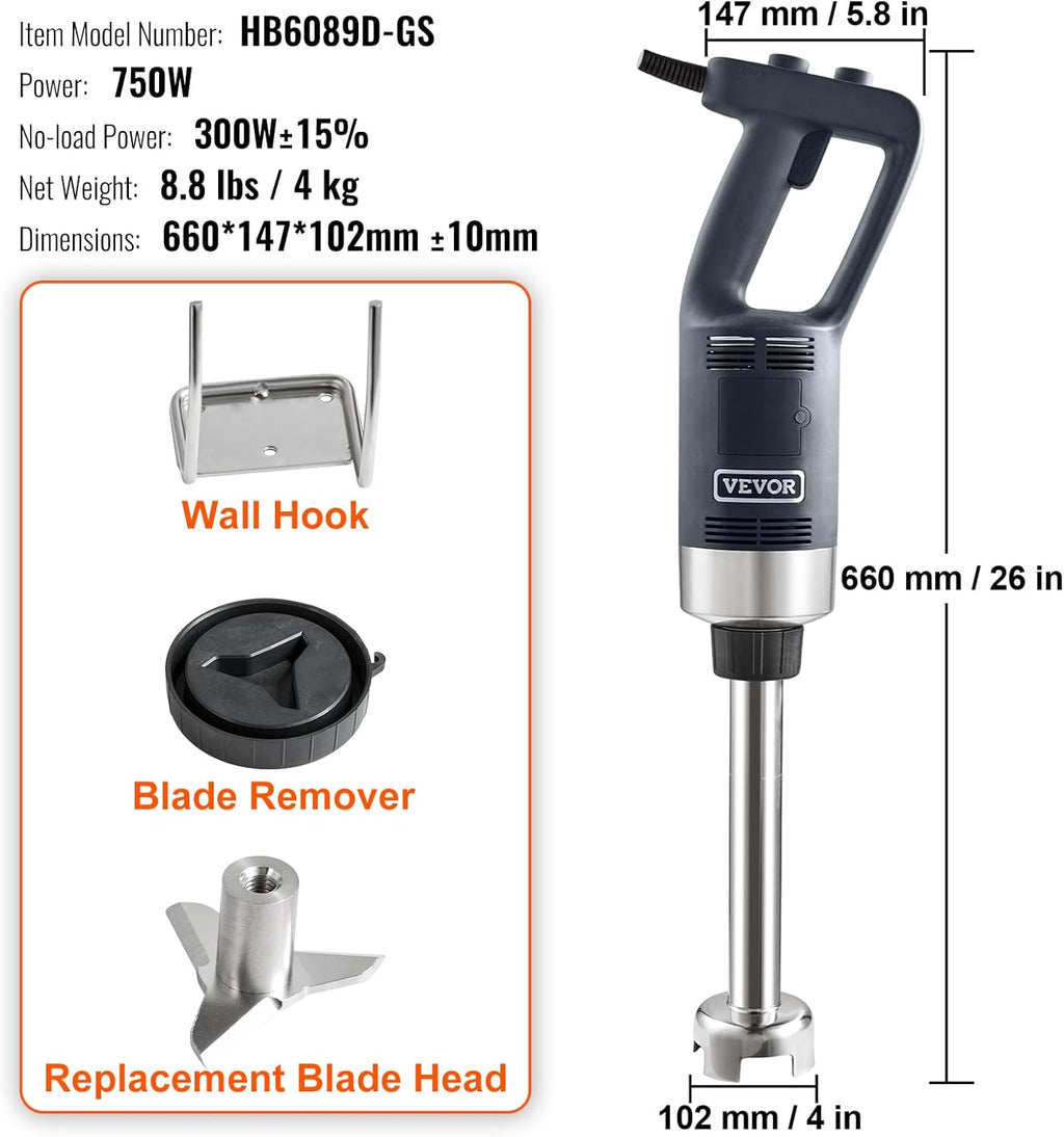VEVOR Licuadora comercial de inmersión 12", mezclador resistente 750W