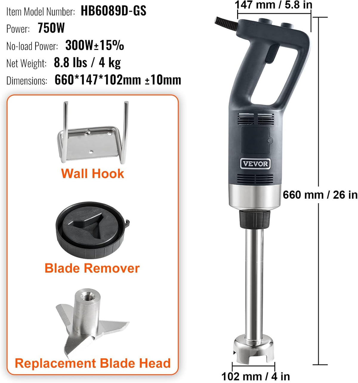 VEVOR Licuadora comercial de inmersión 12", mezclador resistente 750W