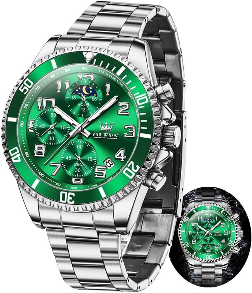 OLEVS Reloj de caballero lujo cronógrafo acero inoxidable pulsera vestimenta impermeable reloj analógico de cuarzo gran esfera luminosa