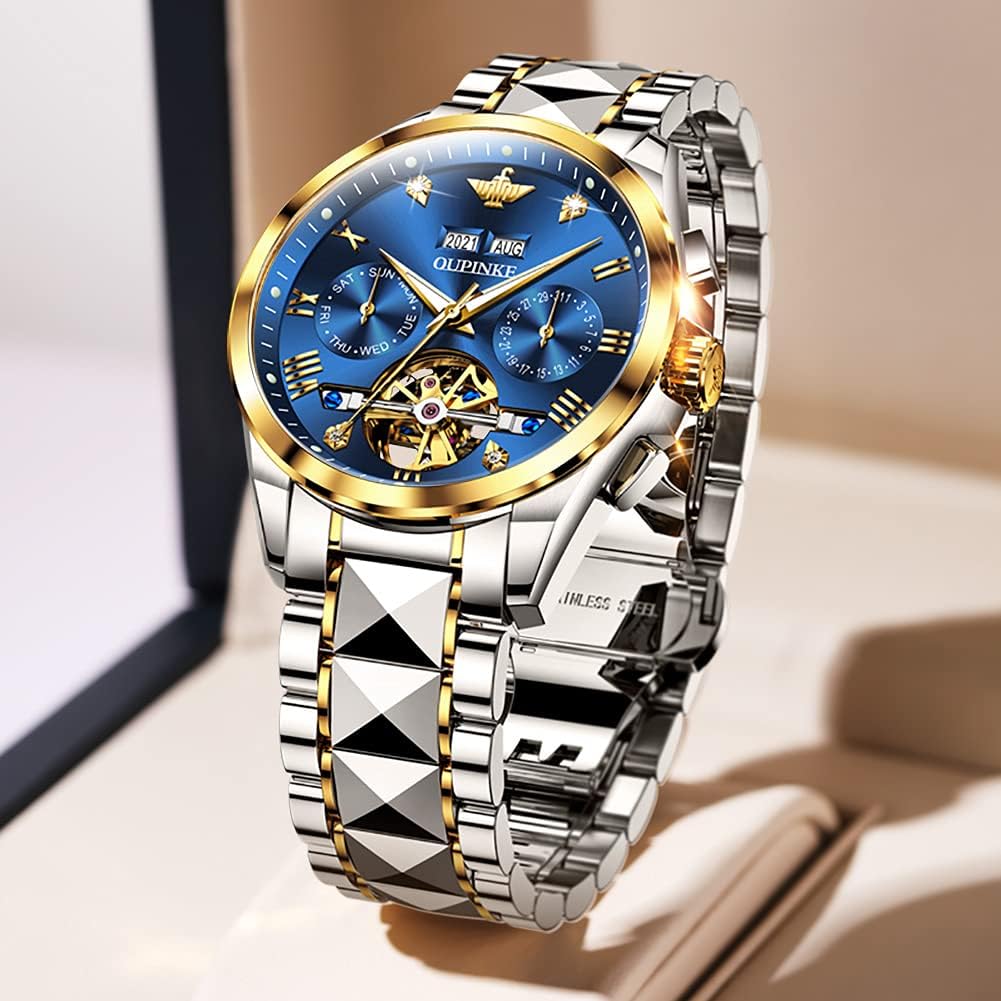 OLEVS Reloj mecánico de lujo clásico de moda para hombre, relojes impermeables de acero inoxidable de cuerda automática para hombre, esfera grande, con fecha de diamante, sin batería, reloj para