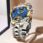 OLEVS Reloj mecánico de lujo clásico de moda para hombre, relojes impermeables de acero inoxidable de cuerda automática para hombre, esfera grande, con fecha de diamante, sin batería, reloj para