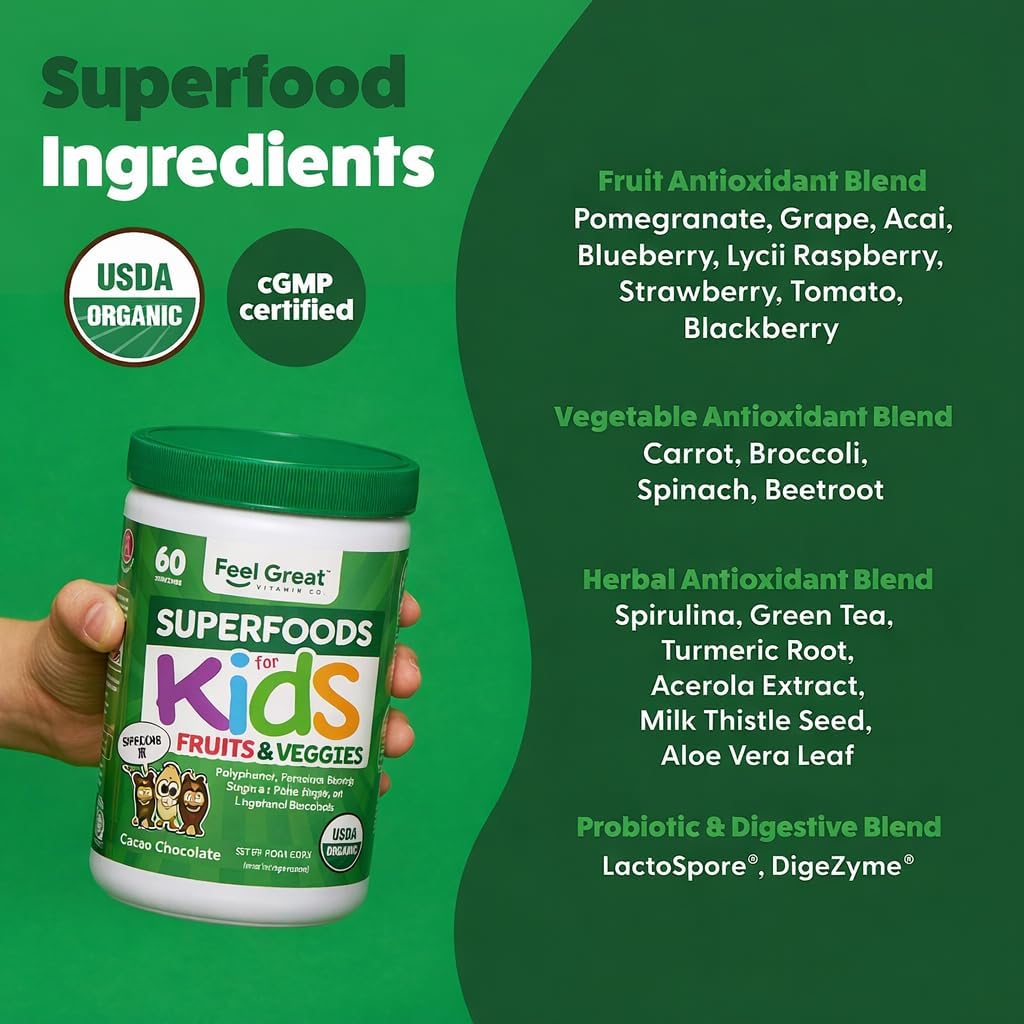 Feel Great USDA Organic Super Greens para niños | Polvo de verduras...