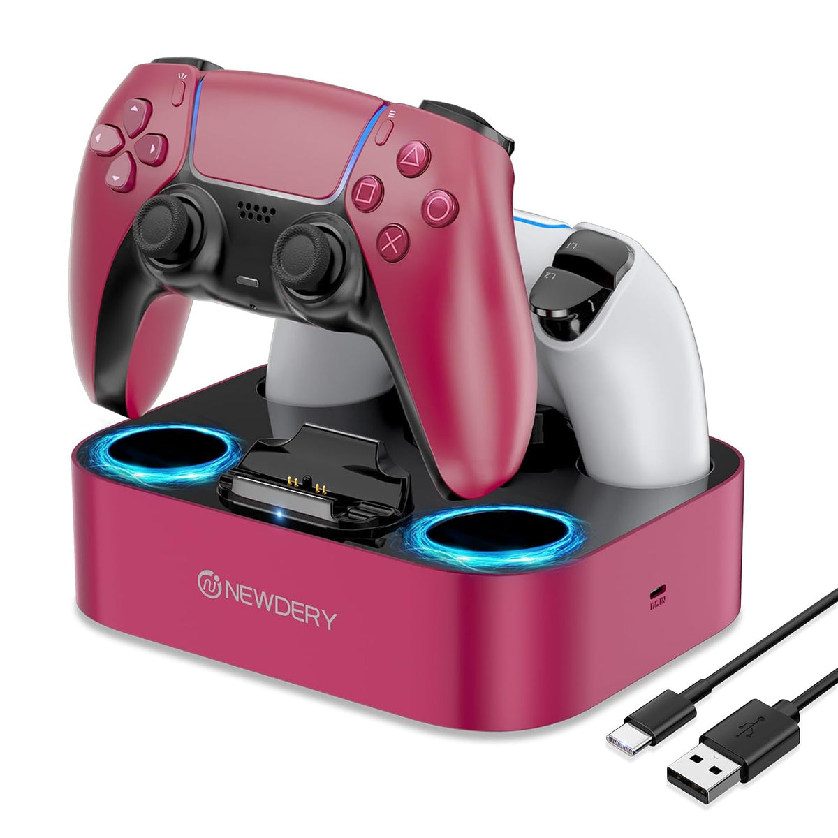 NEWDERY Estación de carga para controlador PS5, base de carga dual para PlayStation 5 DualSense/Edge Controller, soporte de carga rápida con cable tipo C, regalo para mujeres y niñas, día de la madre