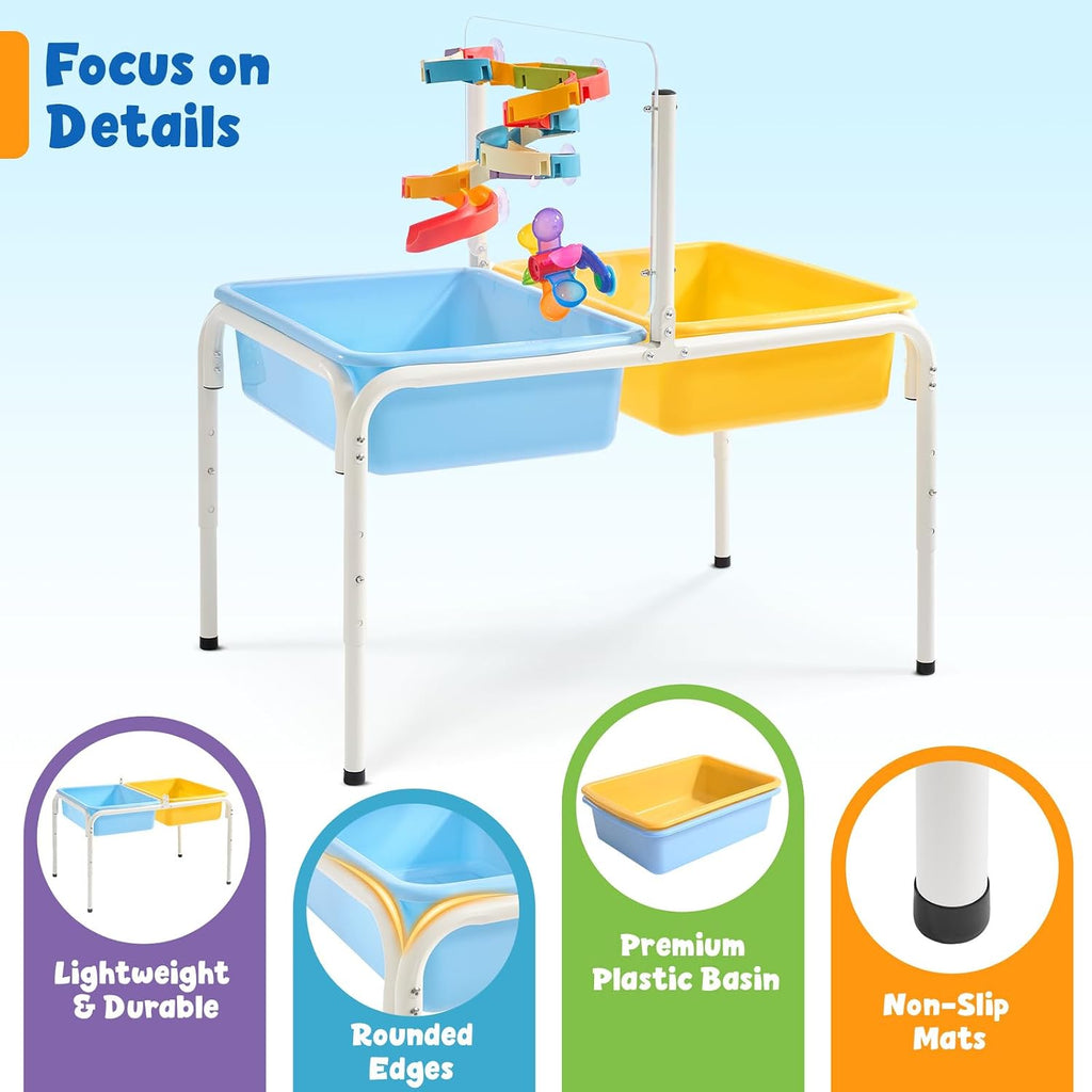FUNLIO Mesa de agua para niños pequeños, mesa de agua y arena ajustable para niños de 3 a 6 años, mesa sensorial 4 en 1 para niños pequeños con 2 contenedores de almacenamiento, tablero acrílico y 16 piezas de accesorios, juego en interiores y exteriores