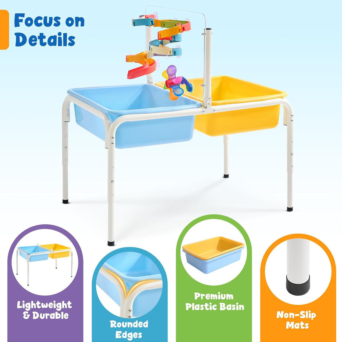 FUNLIO Mesa de agua para niños pequeños, mesa de agua y arena ajustable para niños de 3 a 6 años, mesa sensorial 4 en 1 para niños pequeños con 2 contenedores de almacenamiento, tablero acrílico y 16 piezas de accesorios, juego en interiores y exteriores