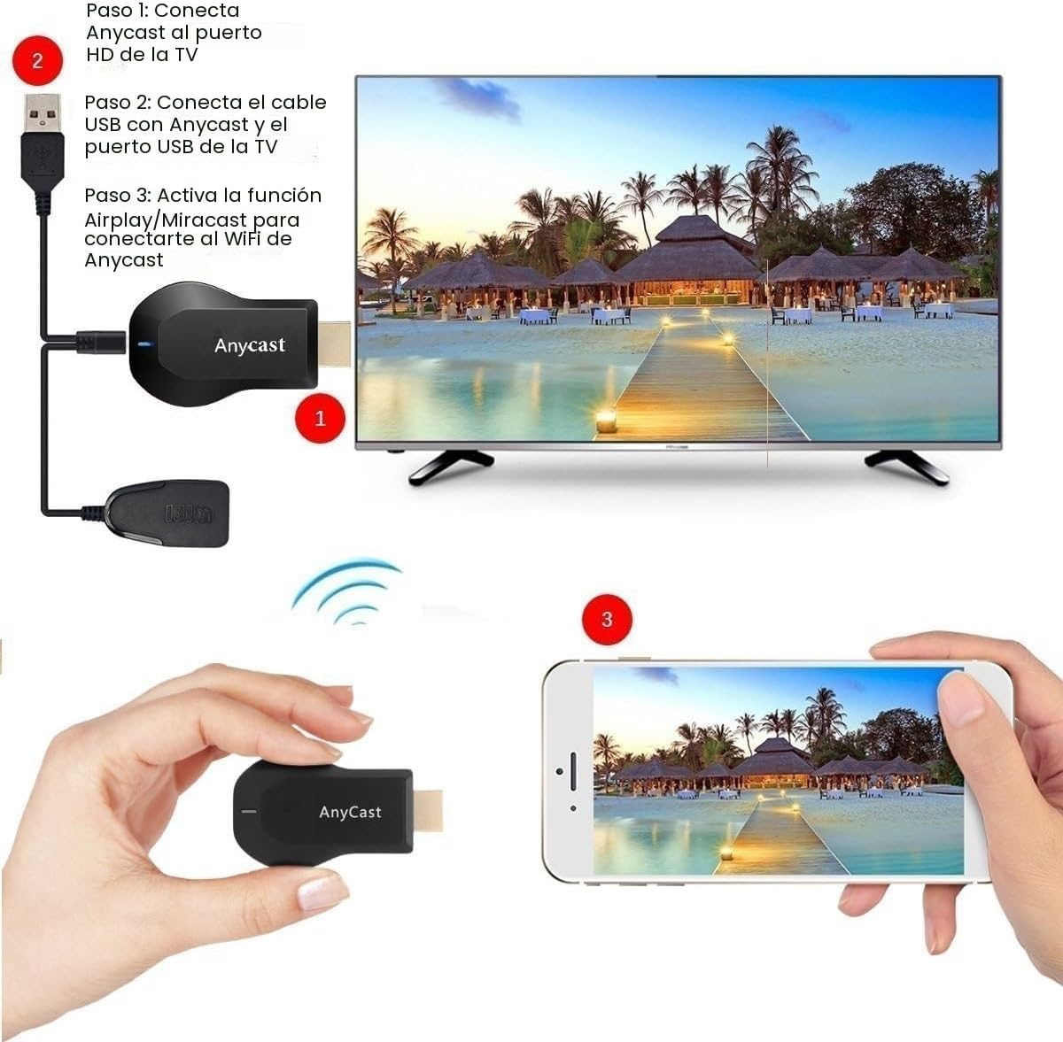 SmartSee Anycast HD Adaptador de pantalla inalámbrico WiFi 1080P receptor de espejo de pantalla móvil Dongle para iPhone Mac iOS Android a TV Proyector Soporte Miracast Airplay DLNA
