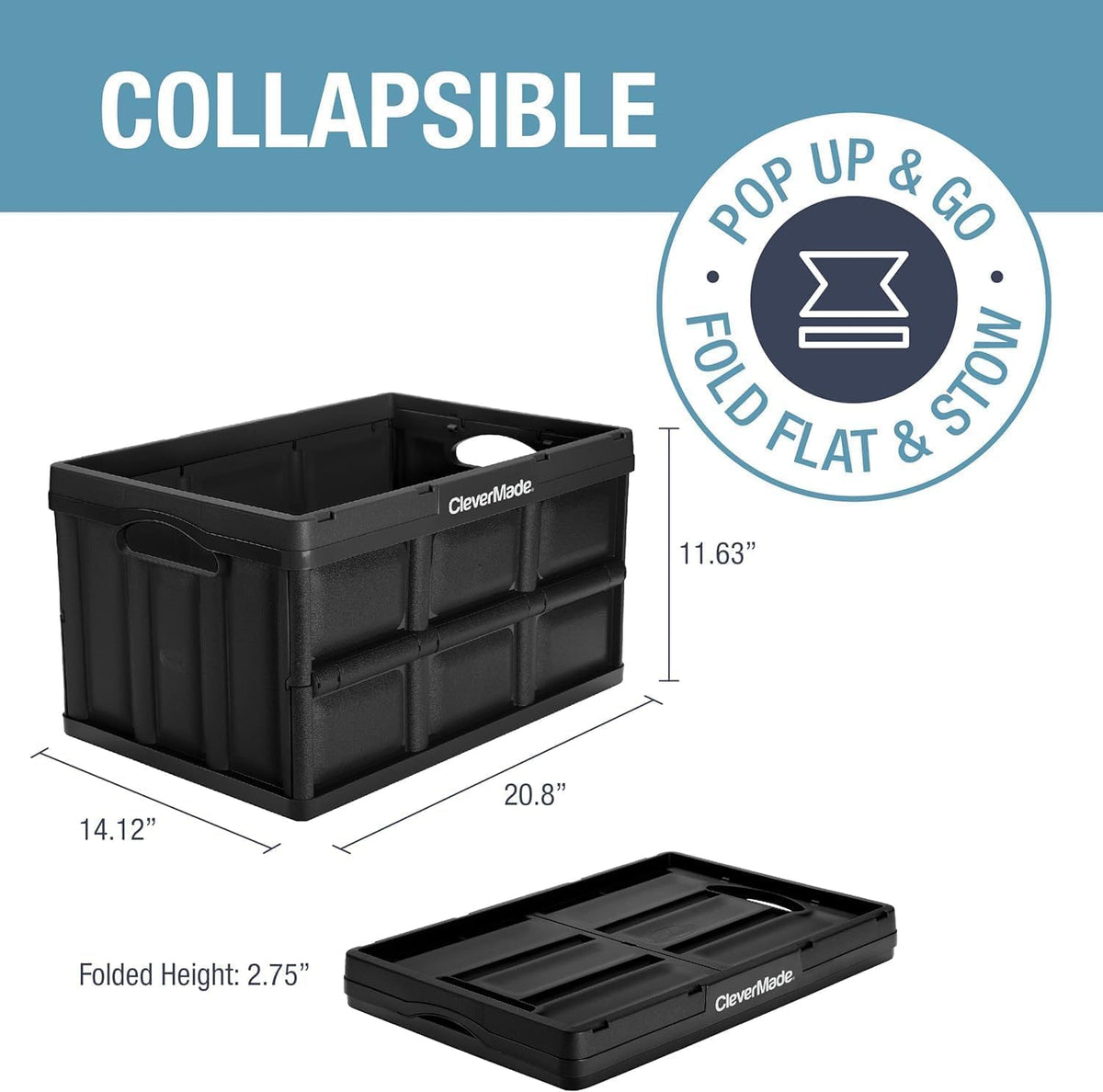 CleverMade - Contenedores de almacenamiento plegables, 46L, paquete de 3, 75 libras apilables, océano