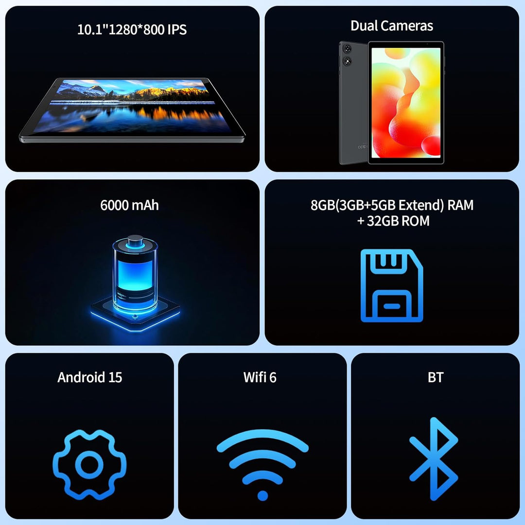 VASOUN Tablet Android 15 de 10.1" con pantalla HD IPS, 8GB RAM...