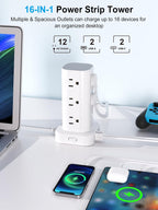 Torre de tira de alimentación con múltiples tomas, protector de sobretensión de enchufe plano, cable de extensión con 12 salidas de CA, 4 puertos USB (2 USB C), cable de 6 pies, protector contra