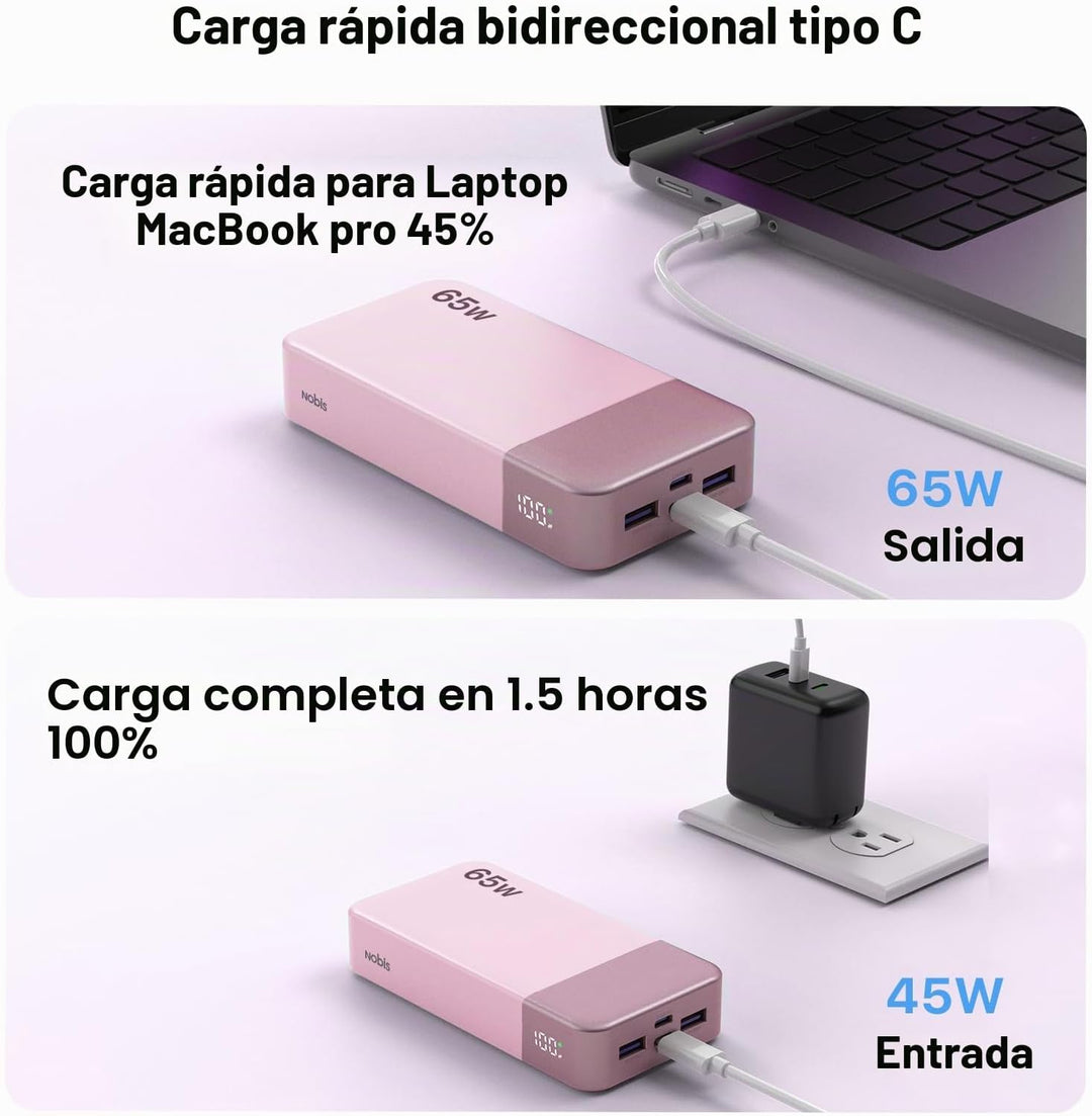 NOBIS Cargador portátil, 65 W, 20000 mAh, carga rápida, PD QC, 2 US...