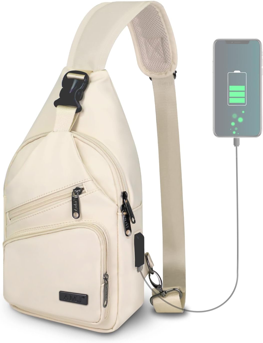 Bolso bandolera para mujer, bolsa cruzada grande con puerto de carga USB y tiradores de cremallera con logotipo, mochila ligera resistente al agua de nailon para viajes, senderismo (L, beige de