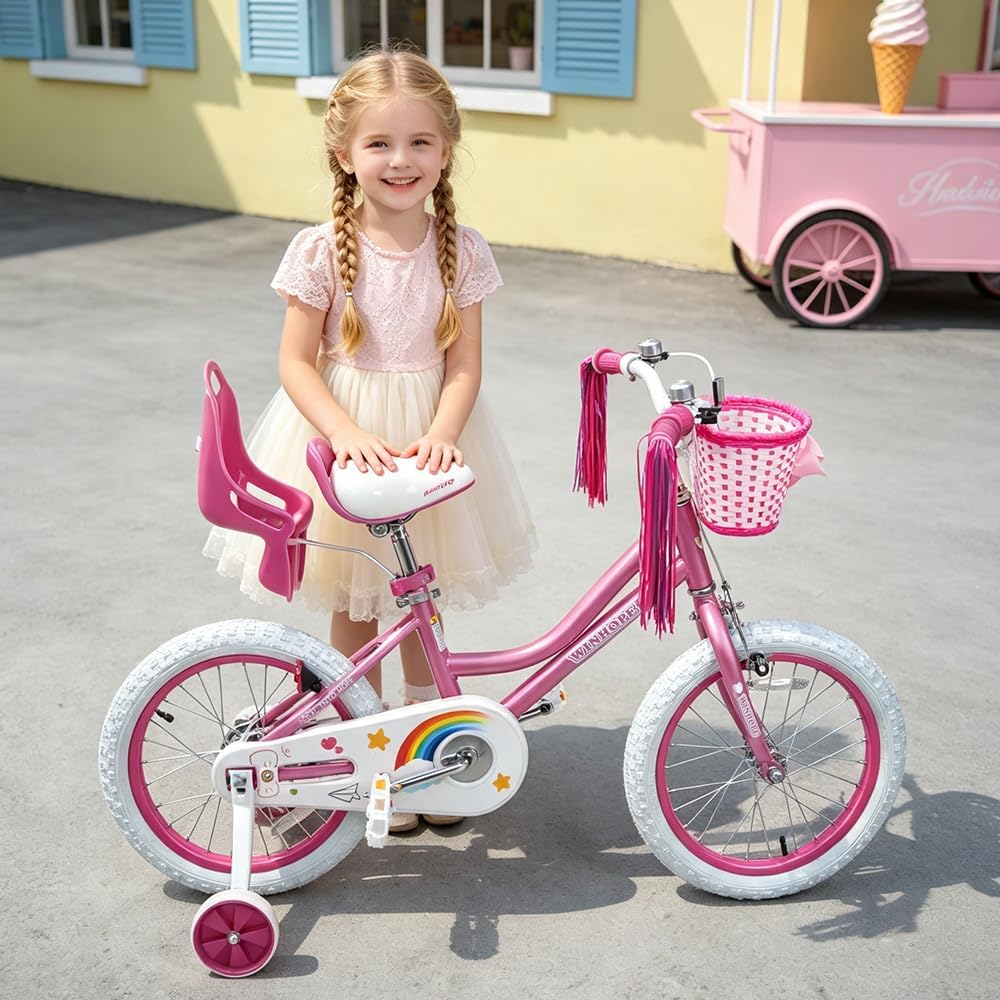 Bicicleta WinHope Fairy Girls con Asiento para Muñeca, Bicicleta Infantil de 12-20 Pulgadas para Edades 2-12