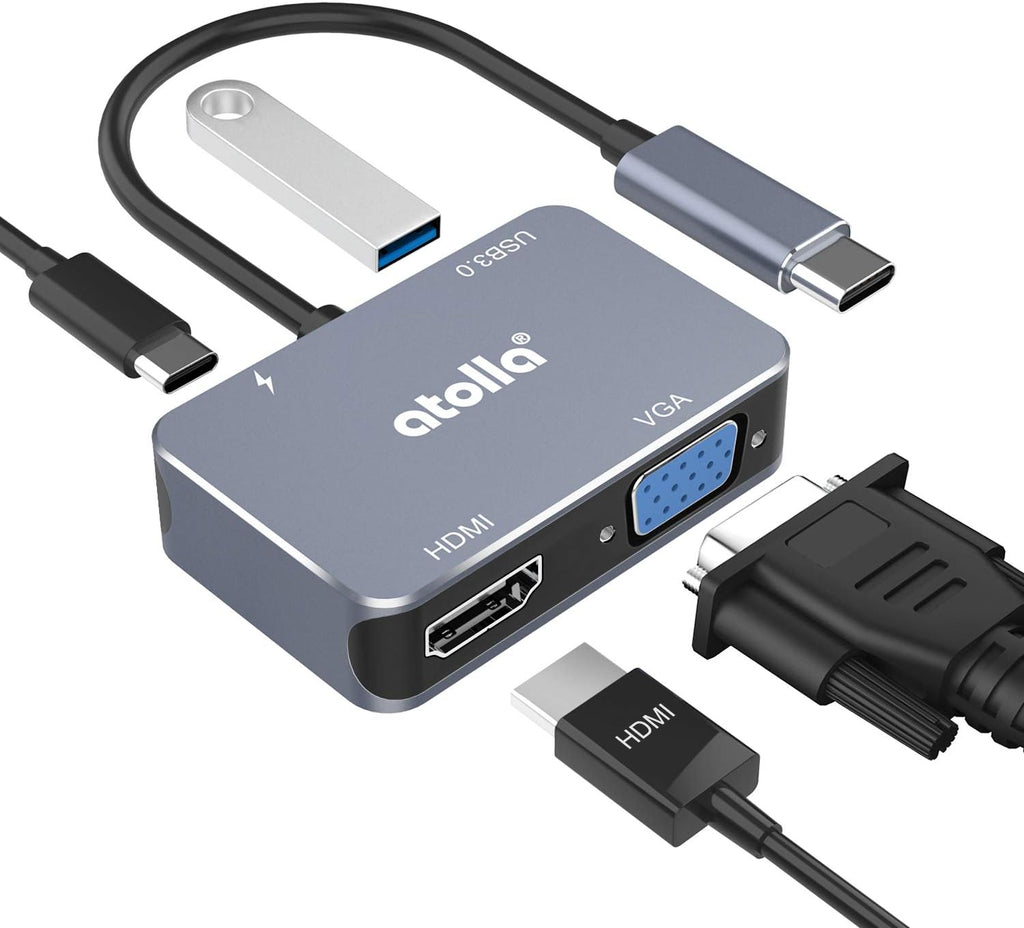 Atolla Adaptador USB C a HDMI 4K a 30Hz - Puertos de alta velocidad VGA y USB 3.0 de 1080P + PD de 60 W para MacBook Pro y más dispositivos tipo C