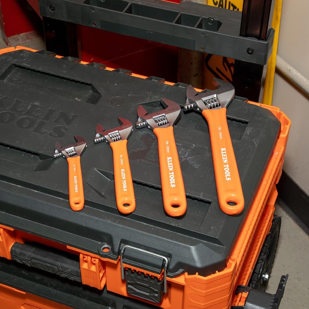 Klein Tools D5074 Juego de llaves ajustables, capacidad adicional, 6 pulgadas, 8 pulgadas, 10 pulgadas, 12 pulgadas, acero de aleación forjada, métricas y SAE, 4 piezas