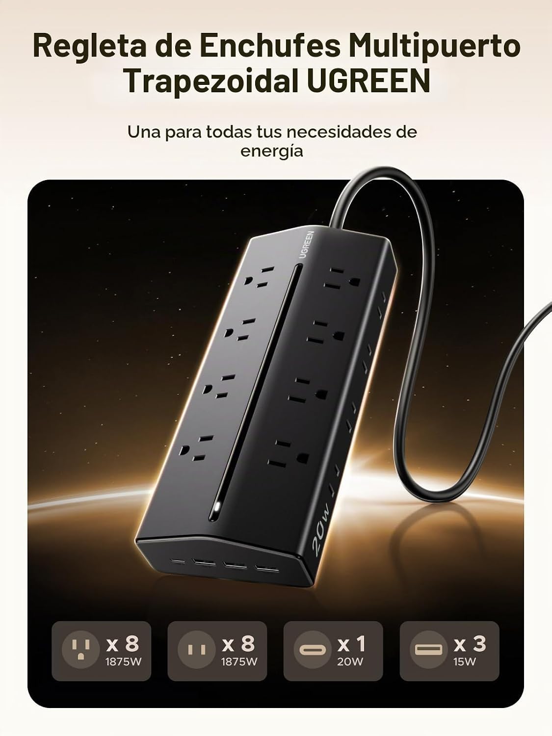 UGREEN Protector contra sobretensiones 20W 20 en 1 GaN, regleta de 5 pies