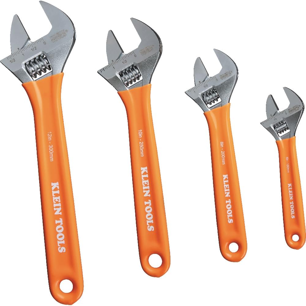 Klein Tools D5074 Juego de llaves ajustables, capacidad adicional, 6 pulgadas, 8 pulgadas, 10 pulgadas, 12 pulgadas, acero de aleación forjada, métricas y SAE, 4 piezas