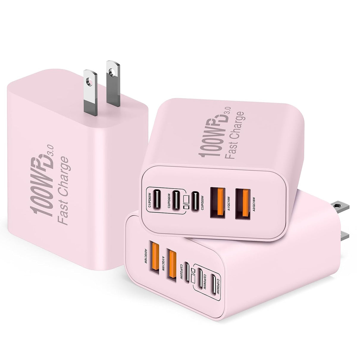 QZIIW Bloque de cargador rápido de pared USB C, bloque de carga rápida de 100 W, 5 puertos tipo C, paquete de 3 adaptadores de cargador de alimentación PD QC 3.0 USB multipuerto para iPhone 17 16
