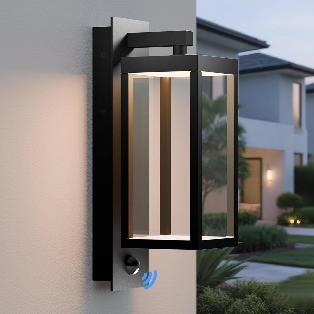 Lámpara Lámpara de pared moderna con sensor de movimiento para exteriores con vidrio, LED de 850 lúmenes, linterna de aluminio impermeable IP65, iluminación exterior antioxidante para porche, garaje, puerta delantera, patio, negro
