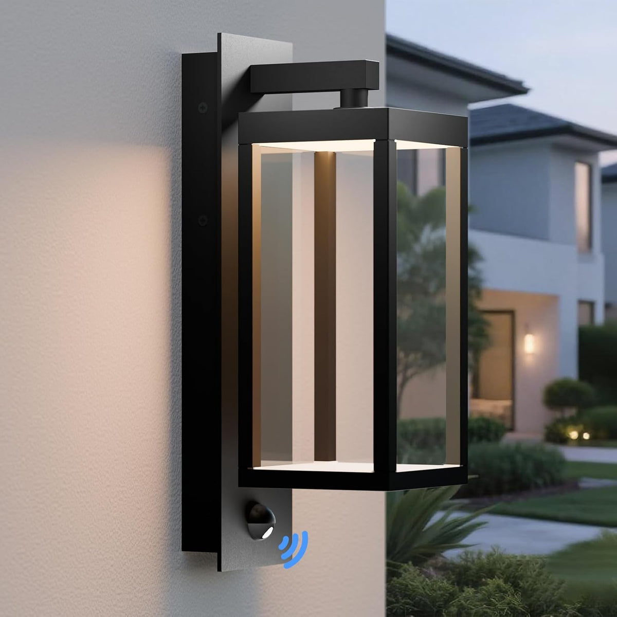 Lámpara Lámpara de pared moderna con sensor de movimiento para exteriores con vidrio, LED de 850 lúmenes, linterna de aluminio impermeable IP65, iluminación exterior antioxidante para porche, garaje, puerta delantera, patio, negro