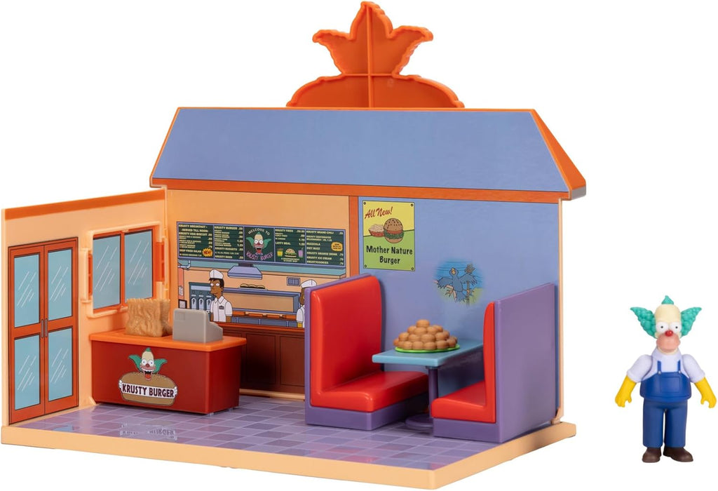 JAKKS Pacific The Simpsons Krusty Burger Diorama Playset, incluye una figura de acción de Krusty the Clown de 2.5 pulgadas y accesorios