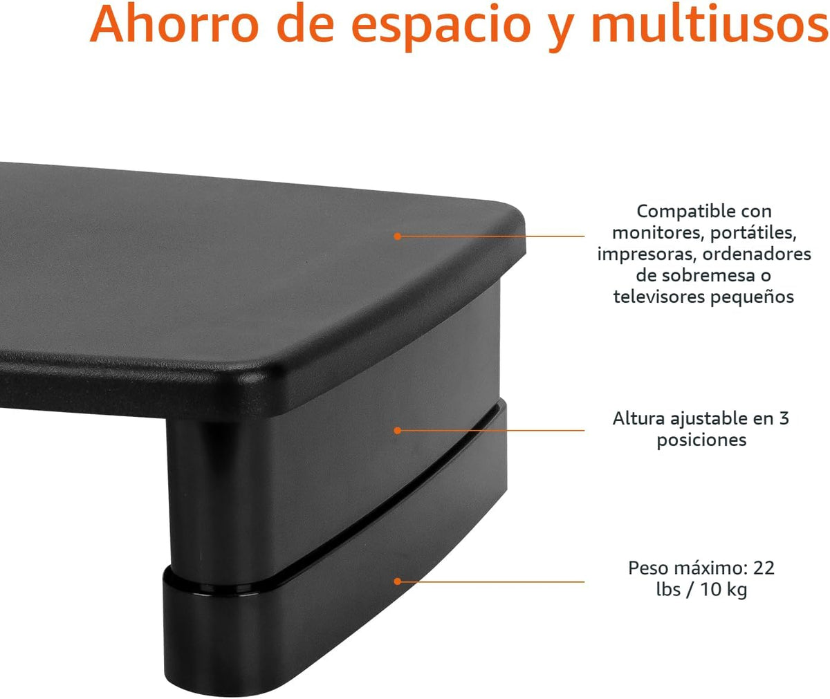 Amazon Basics Soporte elevador de monitor de altura ajustable con organizador de almacenamiento, diseño apilable de 3 niveles, plástico ABS duradero, soporta hasta 22 libras