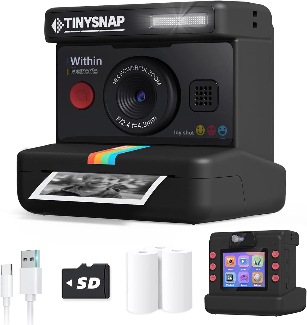 Cámara Instantánea para Niños, Cámara Infantil de Doble Lente con Pantalla de 2.4 Pulgadas, Regalos de Navidad y Cumpleaños para Niñas de 3-12 Años, Juguete Portátil para Niños y Niñas de 3 4 5 6 7 8 9 10 Años (Negro)
