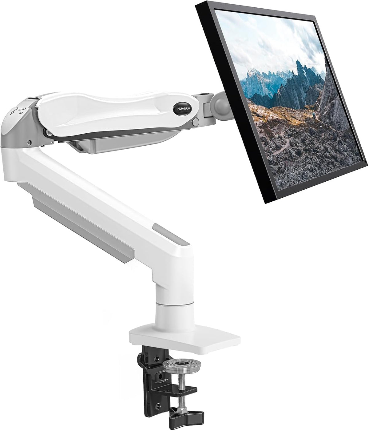 HUANUO - Soporte de escritorio para monitor único, brazo de resorte de gas de 13 a 32 pulgadas, soporte ajustable, montaje VESA con abrazadera y base de ojales - Para monitores LCD de computadora de