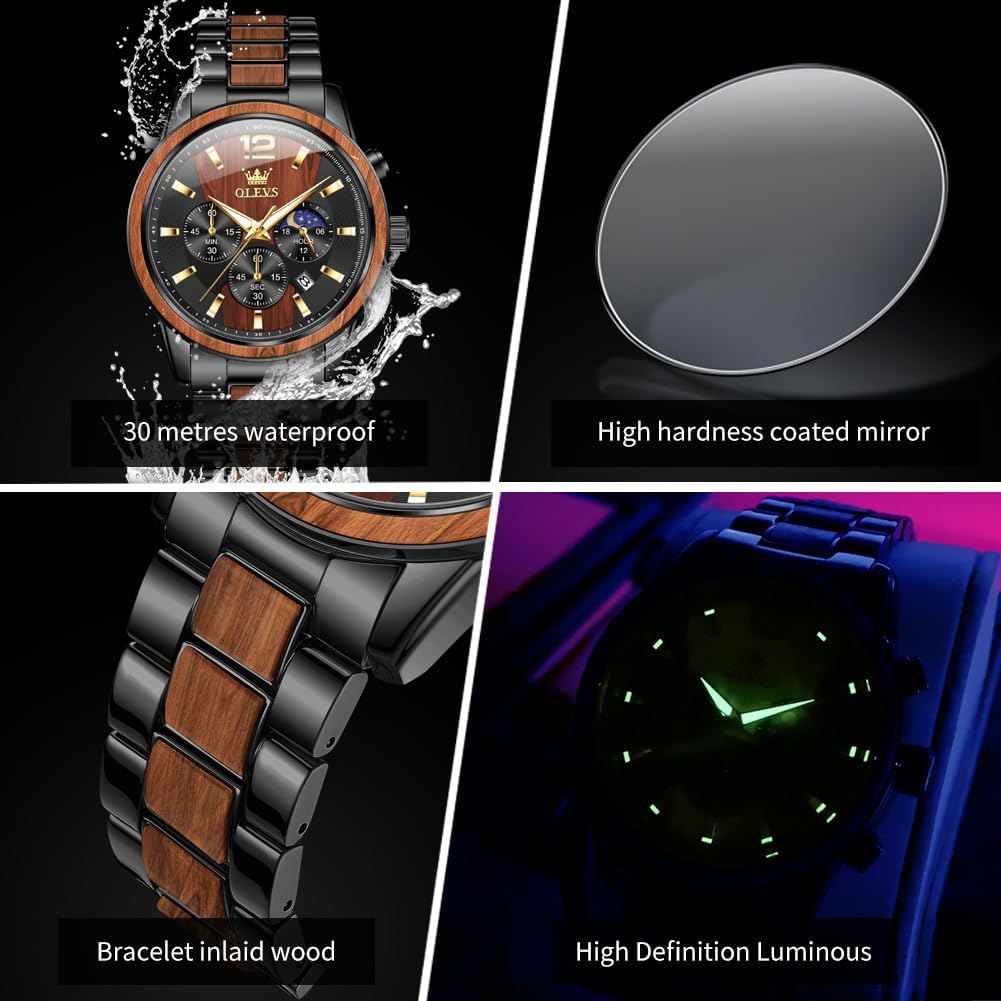 OLEVS Reloj de Hombres Lujo Cronógrafo Fase Lunar Resistente al Agua Relojes de Regalo para Hombres