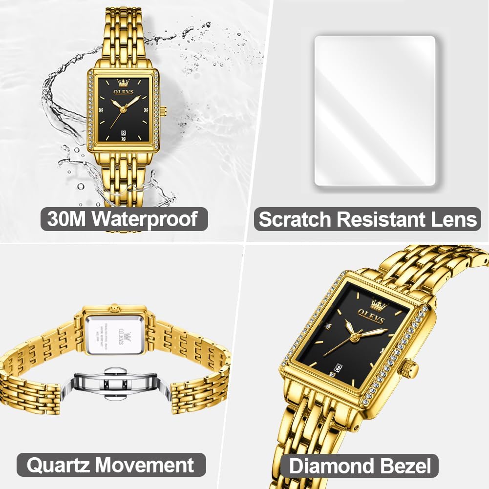 OLEVS Reloj de mujer de oro de acero inoxidable, reloj de cara cuadrada pequeña con decoración de diamantes, reloj de vestir de cuarzo analógico de lujo para mujer, reloj de pulsera impermeable con