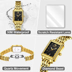 OLEVS Reloj de mujer de oro de acero inoxidable, reloj de cara cuadrada pequeña con decoración de diamantes, reloj de vestir de cuarzo analógico de lujo para mujer, reloj de pulsera impermeable con