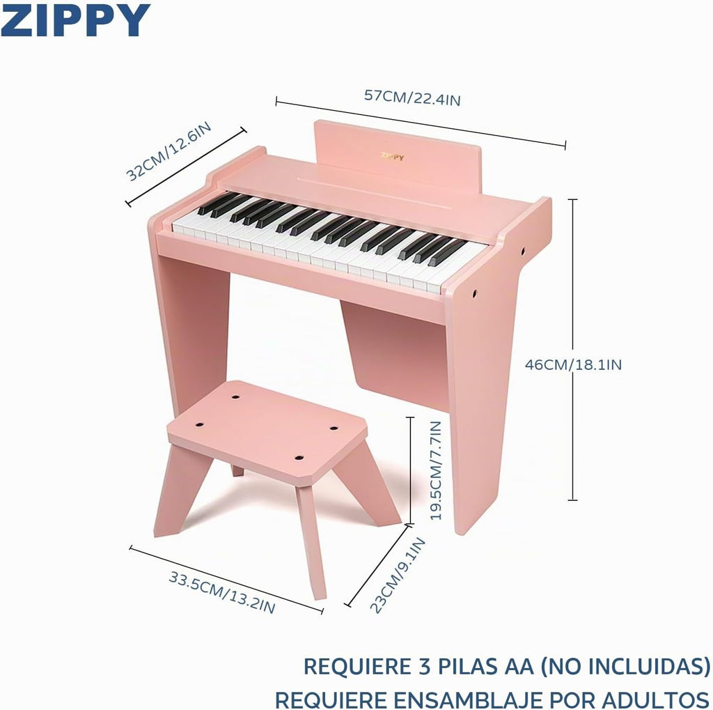 ZIPPY - Teclado de piano para niños, piano digital de 37 teclas para niños, instrumento educativo musical, piano de madera para niñas y niños mayores de 3 años