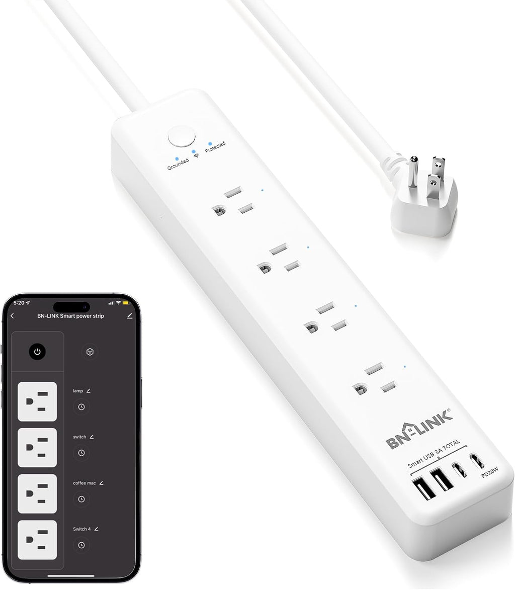 BN LINK tira de alimentación inteligente, protector contra sobrecargas con 4 tomas inteligentes controladas individualmente, 4 USB (incl. USB-C de 20W), compatible con Alexa y Google Home