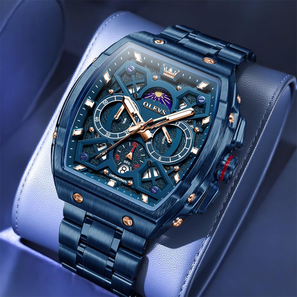 OLEVS Reloj para Hombres Analógico Cuarzo Lujo Diamante Resistente al Agua Cronógrafo Acero Inoxidable Carita Grande Cuadrado Fecha Fase Lunar Romano Relojes de Vestir para Hombres