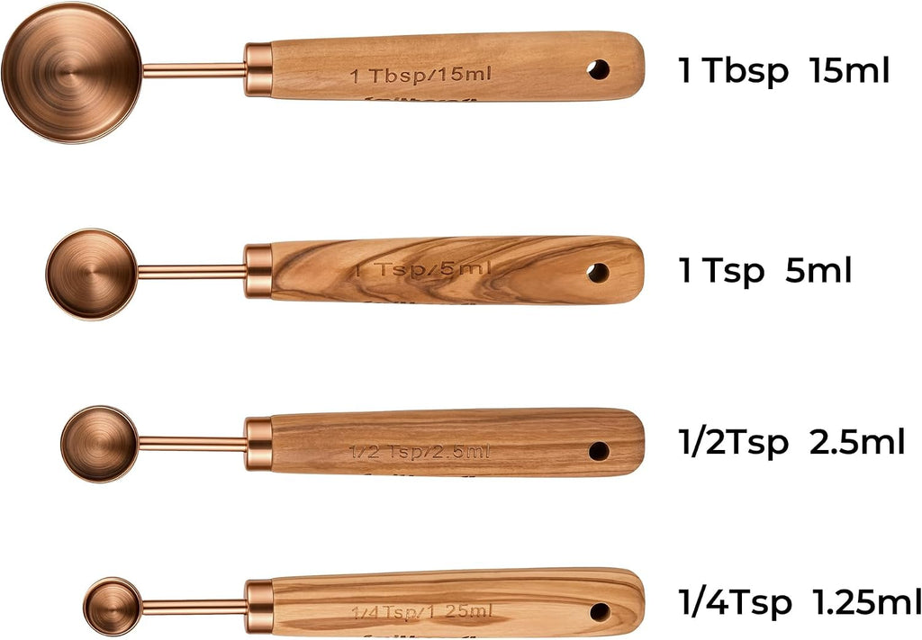 Juego de 8 tazas y cucharas medidoras de cobre con mango de madera de calidad, taza y cuchara medidora de acero inoxidable con equivalentes de medida para cocina y hornear, con 1/4, 1/3, 1