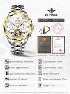 Relojes automáticos de esqueleto para hombre, reloj de pulsera de lujo mecánico de cuerda automática de cristal de zafiro, reloj de acero de tungsteno, 164.0 ft, impermeable, luminoso, sin batería, Dorado, carátula blanca de acero tungsteno, redondo