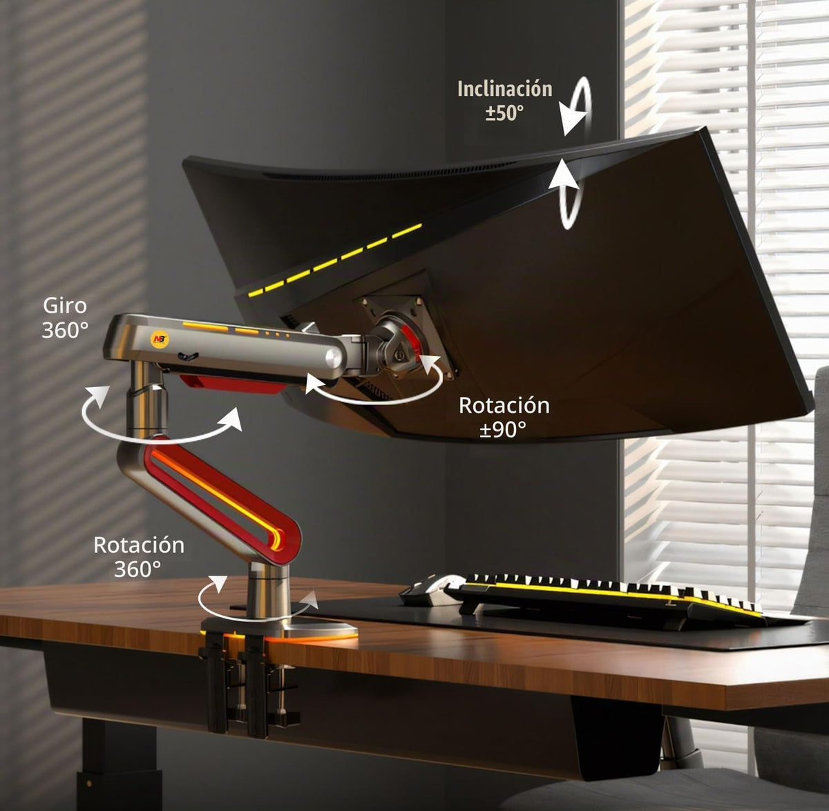 NB Designer - Brazo para monitor de juegos para pantalla de 32 a 60 pulgadas, carga de hasta 44.1 lbs, VESA 75/100, RGB-Light, resistente, ajustable multiángulo, aluminio premium, extensión de brazo largo rojo