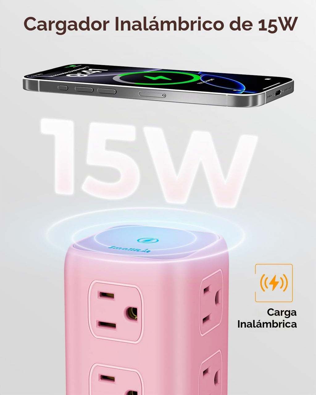 Regleta de alimentación rosa con 12 tomas, 4 USB (1 USB C), cable de extensión de 6.5 pies con múltiples tomas, estación de carga, torre de regleta de alimentación, suministros de escritorio de
