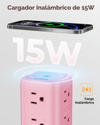 Regleta de alimentación rosa con 12 tomas, 4 USB (1 USB C), cable de extensión de 6.5 pies con múltiples tomas, estación de carga, torre de regleta de alimentación, suministros de escritorio de